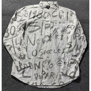 Stussy Big Cities Woven Button Up Long Sleeve Shirt Mens Size Small White‎ Gray